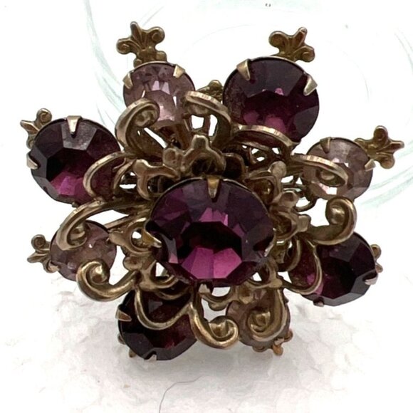 Vintage Purple Lavender Brooch Rhinestone Filigree Fleur-de-Lis Victorian Reviva - Picture 8 of 13